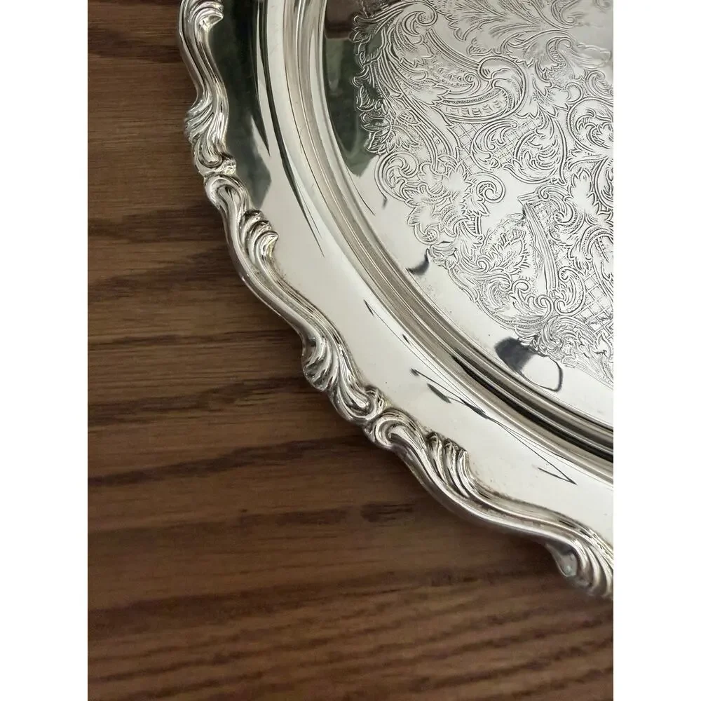 Vintage Oneida 12” Round Serving Tray Georgian Scroll Ornate Silver Tray